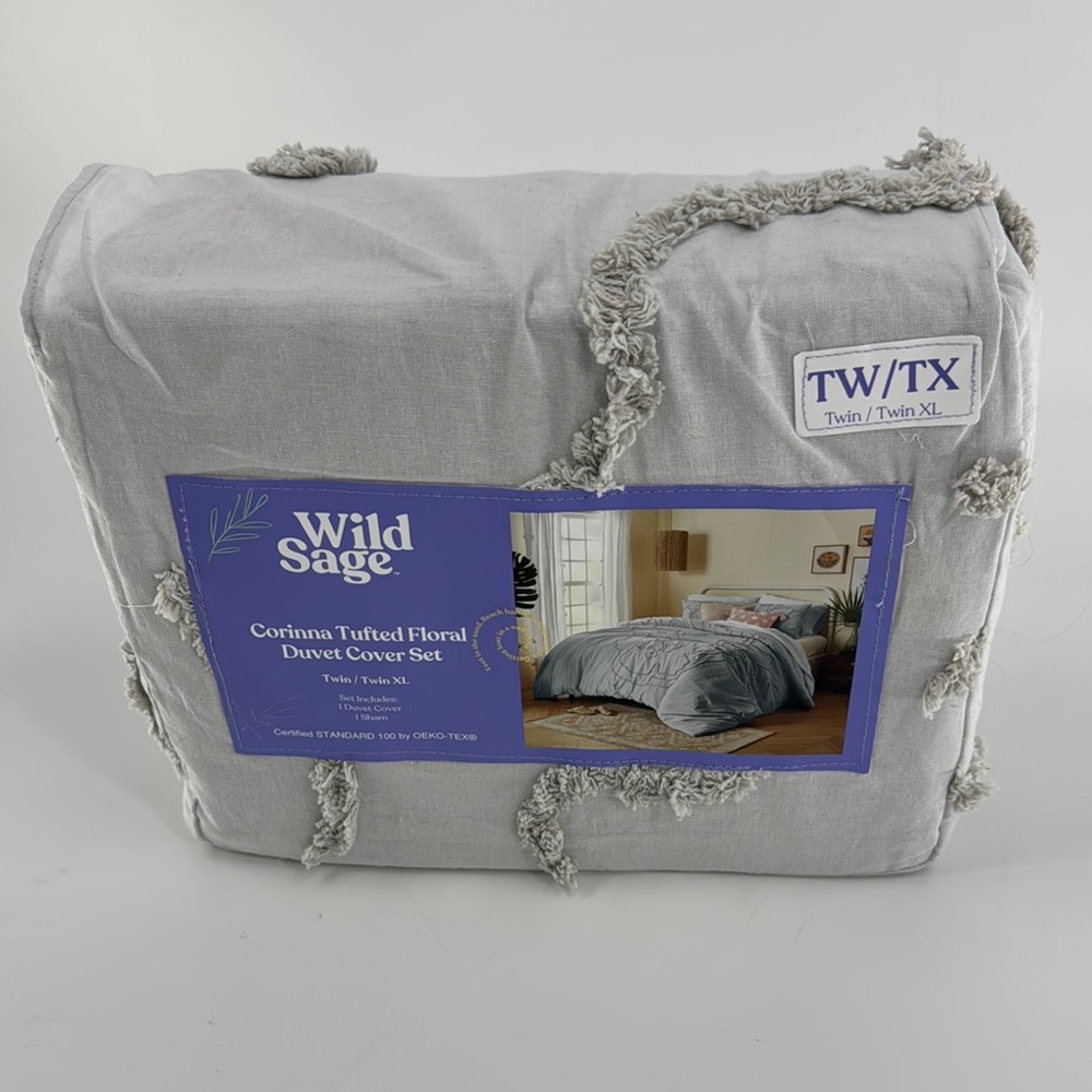 WILD SAGE Corinna Tufted Floral Duvet Cover Set TwinXL Lunar Rock (Gray) NEW